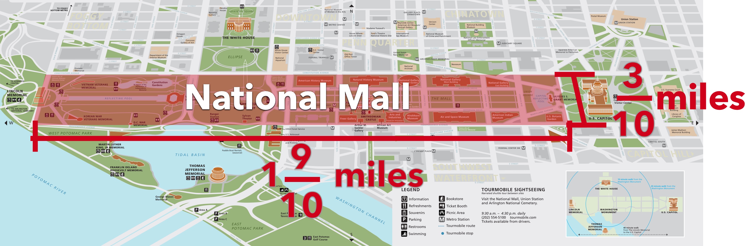 The area of the National Mall on a National Park Service map.